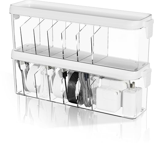 Desktop Charger Cord Storage Organizer Box Cable Organizer Box With Lid | 2 Pack Stackable Clear Storage Boxes, Easy Management Without Cable Ties, Visible for Drawer Organizing, Cosmetics & Cables
