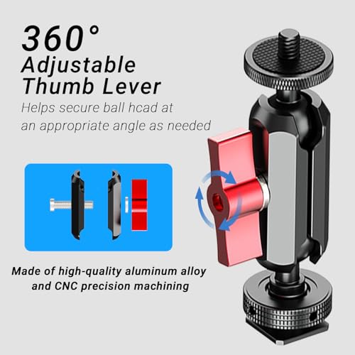 Cold Shoe Monitor Mount with 1/4" Screw, Rotatable Dual Ballhead Arm for LED Monitor Microphone, Compatible with DJI Osmo Action 6/5 Pro/4/3, Osmo 360, Insta 360 X5/X4 (Cold Shoe Monitor Mount)