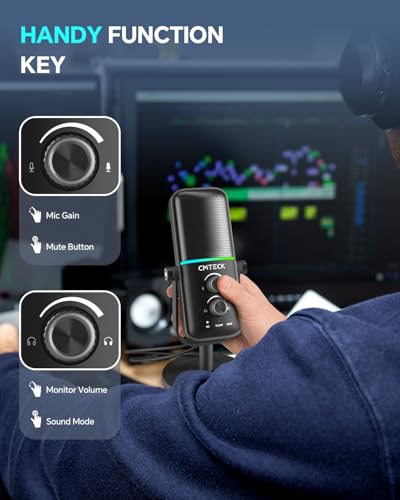 CMTECK USB Microphone for PC, PS4/PS5, Laptop – Computer Microphone with RGB Lighting, Mute Button, Mic Gain, Plug & Play, 3 Sound Modes for Streaming, Podcasting, Recording