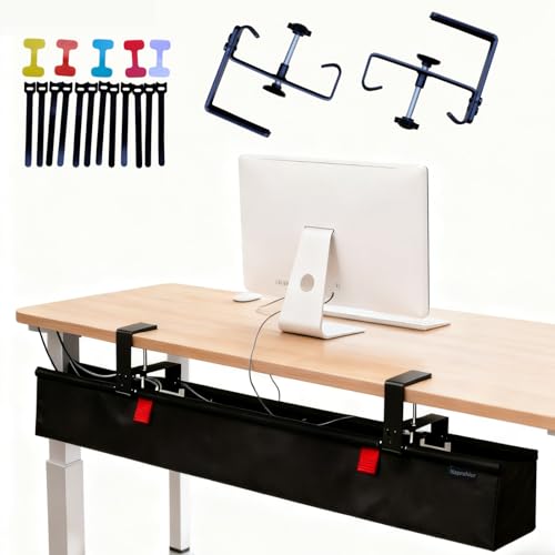 Under Desk Cable Management Tray, 48" Extra Large No Drill Cord Organizer with Easy to Clean Oxford Fabric, Clamp On Power Stripe Holder for Office, Home Office & Gaming Space - size: Extra Large (48 inch)