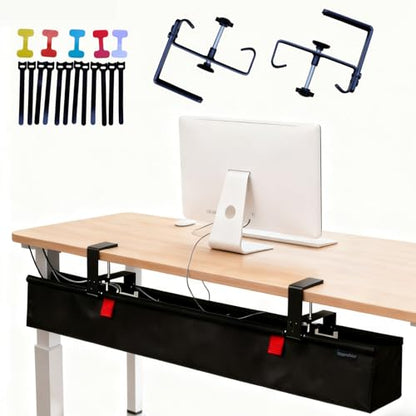 Under Desk Cable Management Tray, 48" Extra Large No Drill Cord Organizer with Easy to Clean Oxford Fabric, Clamp On Power Stripe Holder for Office, Home Office & Gaming Space - size: Extra Large (48 inch)
