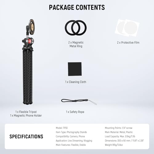 NEEWER Magnetic Flexible Phone Tripod Compatible with Magsafe iPhone 15 Pro Max 14 Series Android, Mini Vlog Cellphone Tripod Stand with Ball Head for Stroller Bike Motorcycle Tube Round Objects, TP33 - style: TP33