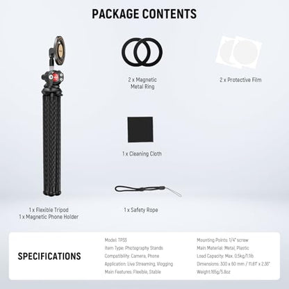 NEEWER Magnetic Flexible Phone Tripod Compatible with Magsafe iPhone 15 Pro Max 14 Series Android, Mini Vlog Cellphone Tripod Stand with Ball Head for Stroller Bike Motorcycle Tube Round Objects, TP33 - style: TP33
