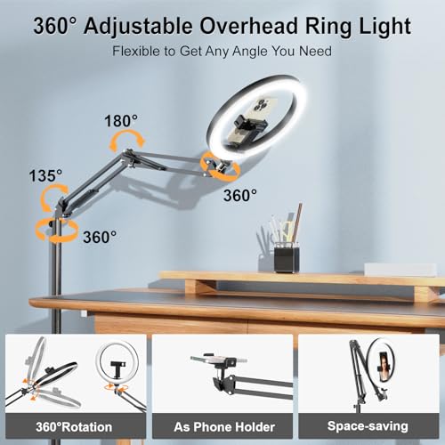Latest Ring Light with Stand Tripod for iPhone, Overhead Phone Camera Mount with Light and Phone Holder Stand for Recording, 10” Selfie Light for Video,Streaming,Photography, Tiktok, YouTube - size: 70.8" tall - Clip-On Phone Holder