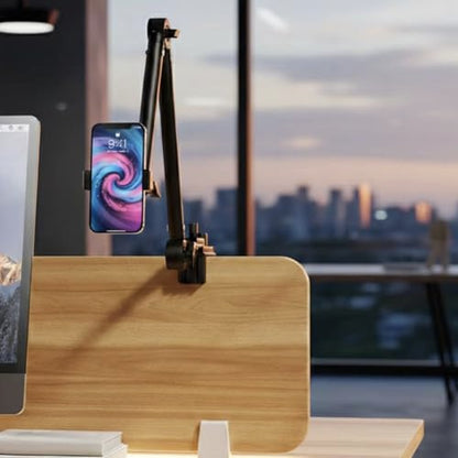 Phone Stand with Heavy-Duty C-Clamp, 3-Section Adjustable Desktop Mount Stand for Phone, 360° Ball Head Flexible Desk Mount