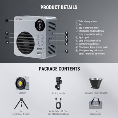 NEEWER 80W LED Video Light with 72Wh Battery/100W PD Fast Charging APP/2.4G Control Portable Bi Color Mini COB Studio Continuous Output Lighting 26500lx/1m 2700-6500K Dimmable CRI95+ 13 Scenes, HB80B
