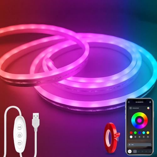LED Neon Lights，6.6ft USB Powered LED Strip Lights，5V Music Sync Color Changing Rope Light with APP Control，IP65 Waterproof RGB Rope Lights for Bedroom，Cabinet,Kitchen, DIY Lighting - size: 6.6FT