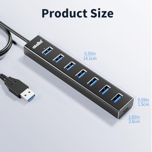 atolla Aluminum 7-Port USB 3.0 Hub with 1m Extension Cable - 5Gbps High-Speed Data Transfer for MacBook Pro, Laptop, PC, Gaming Setup - color: Black