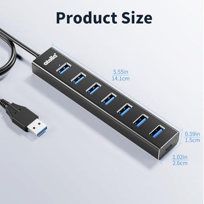 atolla Aluminum 7-Port USB 3.0 Hub with 1m Extension Cable - 5Gbps High-Speed Data Transfer for MacBook Pro, Laptop, PC, Gaming Setup - color: Black