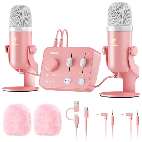 TONOR ASMR Microphone Equipment Bundle With Audio Interface, Immersive 3D Stereo, Dual Condenser Mics With Mixer, Clear Sound, Volume Control, Furry Windscreens, ASMR Starter Pack, Pink - color: Pink