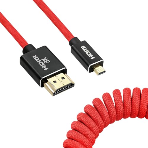 Uonecn Micro HDMI to HDMI Cable Coiled for Atomos Ninja-V, HDMI to Micro HDMI Spring Cord for Canon R5C R5 R6, Support 3D HDR 1080P HD eARC, Red 12-18" - color: Red Braided, size: 12-18"