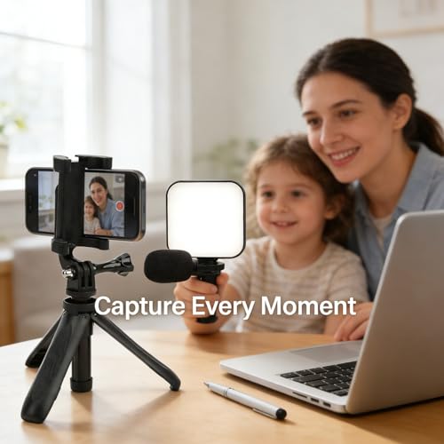 Smartphone Vlogging Microphone Kit, 5 - in - 1 Live Broadcast Phone Video with LED Fill Light and Desktop Stand, Tripod Phone Holder - Omnidirectional Sound, 360 - Degree Rotatio