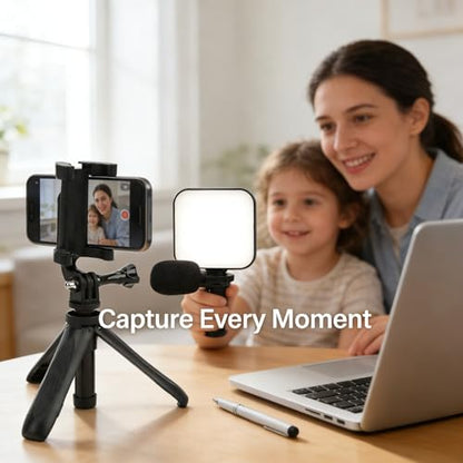Smartphone Vlogging Microphone Kit, 5 - in - 1 Live Broadcast Phone Video with LED Fill Light and Desktop Stand, Tripod Phone Holder - Omnidirectional Sound, 360 - Degree Rotatio