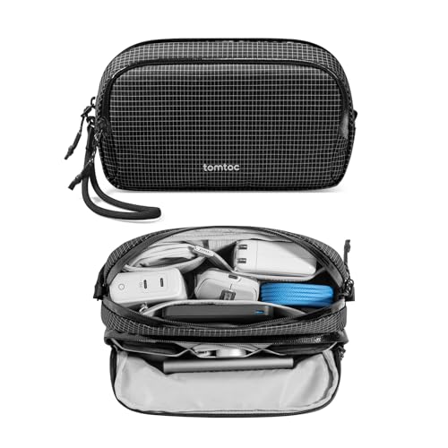 tomtoc Electronic Organizer Travel Case Performance, Water Resistant Dual Compartment Cable Organization Storage Bag for Charger, Cord, Phone, Hard Drive, Power Bank, Accessories Travel Essentials - color: Black Plaid, size: Medium