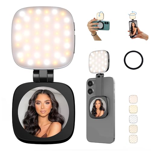 Magnetic Selfie Light Compatible with MagSafe for iPhone – Rechargeable LED Fill Light with Mirror, CRI≥95, 5 Color Temps, Foldable Ring Light - color: Black-2