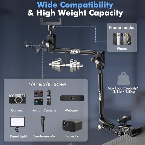 EMART 21" Magic Arm Clamp Kit with Super Clamp, 1/4" 3/8" Threads for ARRI, Flexible Camera Desk Mount, Adjustable Articulating Boom Arm for Webcam/Mic/Action Camera/Phone/Video Light