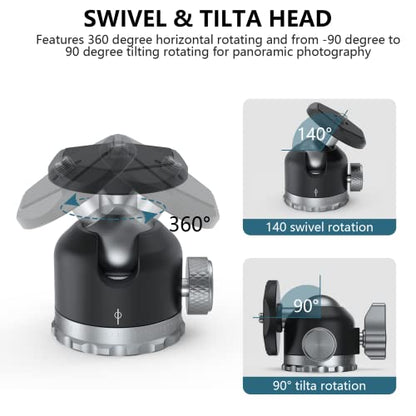 Tripod Ball Head 360 Degree Rotating Panoramic Ballhead with 1/4 inch Screw 3/8" Thread Mount, Max Load up to 5 kg/ 11lb,for Monopod, DSLR, Phone, Gopro - size: Heavy duty 11/lb