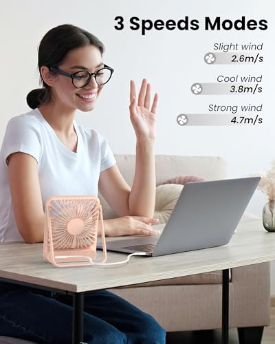 Koonie USB Desk Fan, Strong Wind Ultra Quiet Small Personal Fan with 180° Tilt Folding and 3 Speeds Adjustable, USB-C Corded Powered Mini USB Fan for Office Desktop Bedroom Pink, NO BATTERY | 180° Tilt Folding & 3 Speeds Adjustable, USB-C Corded Powered P