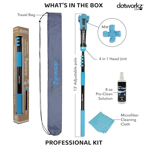 DomeWizard™ Compact Security Camera Cleaning Kit with Pole – Streak-Free Lens Cleaner for Dome, PTZ, Mini Dome & Bullet Cameras – Reusable Microfiber Mitt + 8oz Cleaning Solution - size: 13' Cleaning Kit