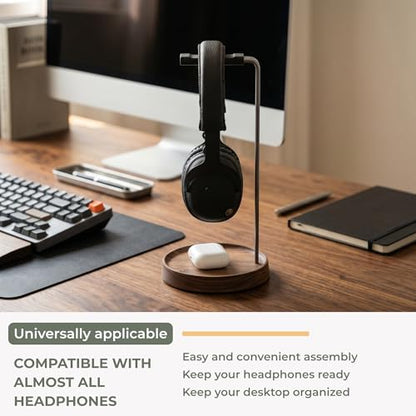 muso wood Walnut Headphone Stand, Universal Headset Stand with Storage Base, Wood Desktop Headphone Holder for Gaming Headset and Music Headset