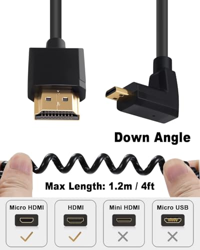Duttek 4K Coiled 90 Degree HDMI to Micro HDMI Cable 1FT-4FT, Extreme Slim Down Angled Micro HDMI Male to HDMI Male Coiled Cable for 1080P, 4K, Ultra HD, 3D - size: Down Angled 1.2M