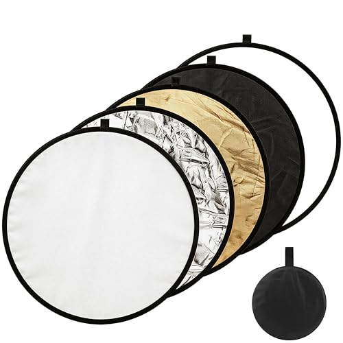 5-in-1 Photography Reflector 24"(60cm), Multi-Disc Collapsible Light Reflector with Bag - Super Portable for Studio/Macro Photography - Translucent, Silver, Gold, White and Black - size: 24”/60cm