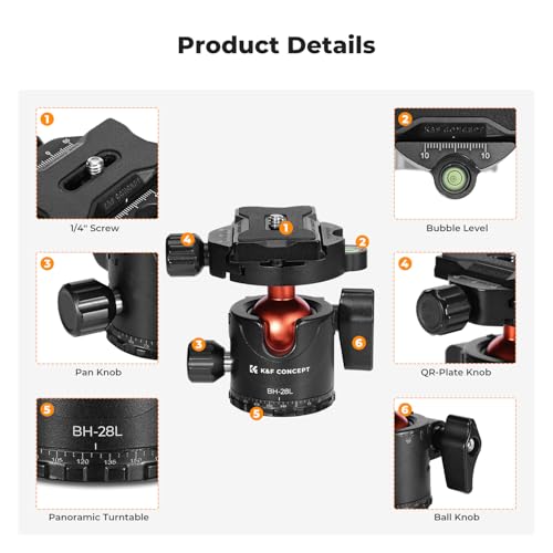K&F CONCEPT Professional 28mm Metal Tripod Ball Head 360 Degree Rotating Panoramic with 1/4 inch Quick Release Plate Bubble Level for Tripod Monopod Slider Camera Camcorder up to 22 pounds - size: 10 kg Capacity