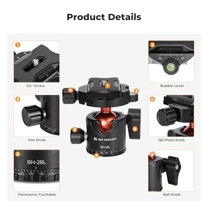 K&F CONCEPT Professional 28mm Metal Tripod Ball Head 360 Degree Rotating Panoramic with 1/4 inch Quick Release Plate Bubble Level for Tripod Monopod Slider Camera Camcorder up to 22 pounds - size: 10 kg Capacity