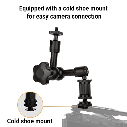 7-Inch Magic Arm - Articulating Friction Arm with 1/4" Tripod Screw & Cold Shoe Mount - 360 Swivel Ball Head Monitor Mount for DSLR Camera Rig, LED Light, Microphone - Black