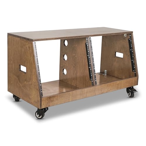 Sound Town DIY 2 x 8U Slanted Studio Rack with Solid Baltic Birch Plywood, Casters, Weathered Brown for Recording Room, Home Studio (SDRK-D8TB) - size: 2 x 8U, Weathered Brown