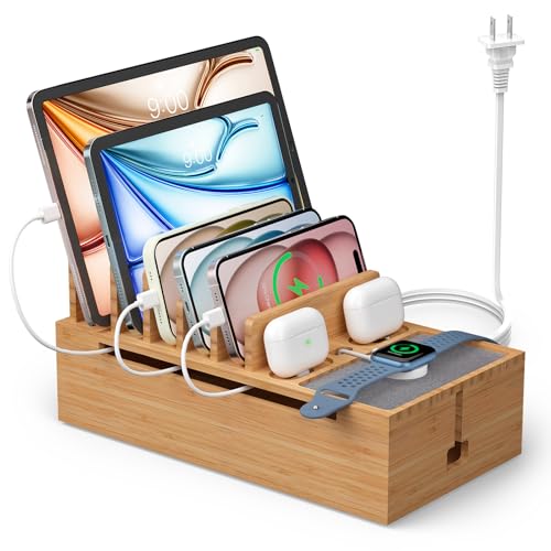 Pezin & Hulin Cell Phone Charging Station for Multi Devices, All in One Desktop Charger Organizer, with Power USB Charge Adapter and 6 Cables, Use As Power Strip Hidden Box -Natural Bamboo Color - color: Natural