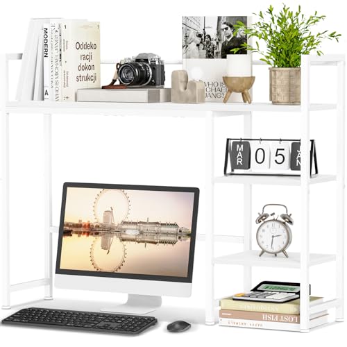 Snughome Desk Shelf, 38.6" Desktop Organizer Shelf, Desk Hutch for Computer Monitor, 4 Tier Desk Display Rack, Wood Desktop Bookshelf Storage Rack for Home Office Dorm, White - color: White, size: 38.6"