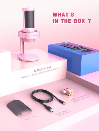 FIFINE USB Streaming Gaming Microphone, PC Condenser Desktop Mic for Video, Home use, YouTube, with RGB Control, Gain Knob, 3.5mm Headphone Jack, Shock Mount, on Computer/PS5-AmpliGame A8 Pink - size: A8P-Desktop