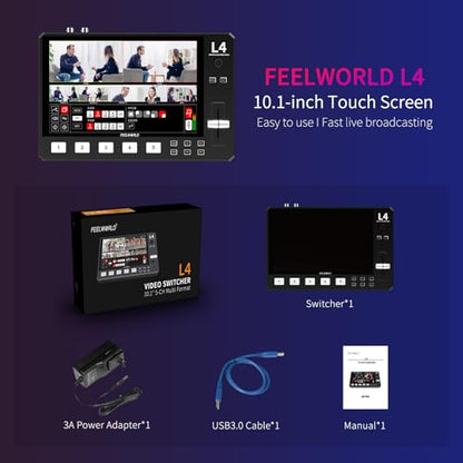 FEELWORLD L4 10.1 Inch Touch Screen Video Switcher 10.1 inch Touchscreen, Real-time Preview 5 Input Sources PST PGM and Operation Interface