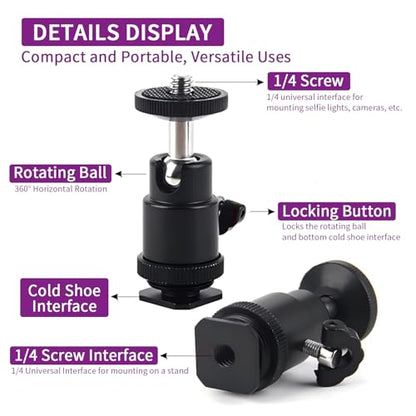 Camera Cold Shoe Mount 1/4", 360 Degree Swivel Mini Ball Head with 1/4 inch, Suitable for Cameras, Camcorders, Smartphones, Tripods, LED Selfie Light, Ring Lights, GoPro, and Flashlights