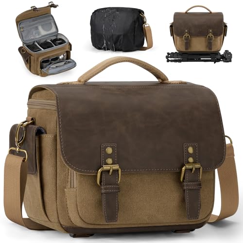 RAINSMORE Camera Bag, Vintage Canvas Camera Sling Bag Small Waterproof DSLR SLR Mirrorless Crossbody Camera Case for Photographers with Rain Cover & Tripod Holder for Sony Canon Nikon Fujifilm, Khaki - color: Khaki