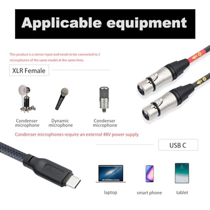 HUALUE 3.3Feet Stereo Dual XLR Female to USB C,Smartphone USB C Microphone Cable，Dual Channel Stereo Input USB C to XLR Female for iPhone 15 ipad Dynamic Microphone Laptop - color: silver, size: 3.3FT