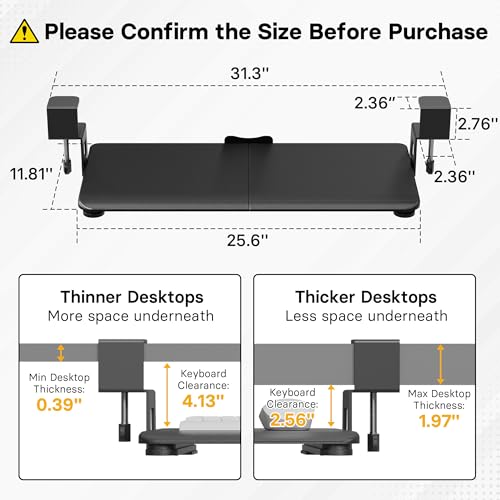 BONTEC KMT01 Under Desk Keyboard Tray, Pull-Out Keyboard & Mouse Platform with C-Clamp, 25.6 x 11.8 in Space-Saving Ergonomic Slide-Out Drawer, Black - color: Black, size: 25.6" x 11.8"