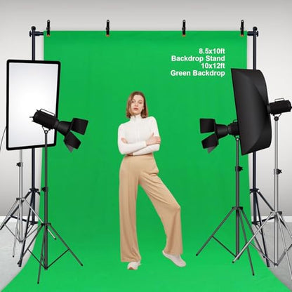 2-in-1 Green Backdrop Stand Kit - 8.5x12 ft Green Backdrop with 10x8.5ft Portable Photography Stand for Video Streaming,Zoom Meetings,Parties,Anti-Wrinkle Polyester Fabric - size: 10' (W) x 8.5' (H)