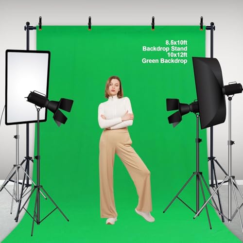 2-in-1 Green Backdrop Stand Kit - 8.5x12 ft Green Backdrop with 10x8.5ft Portable Photography Stand for Video Streaming,Zoom Meetings,Parties,Anti-Wrinkle Polyester Fabric - size: 10' (W) x 8.5' (H)