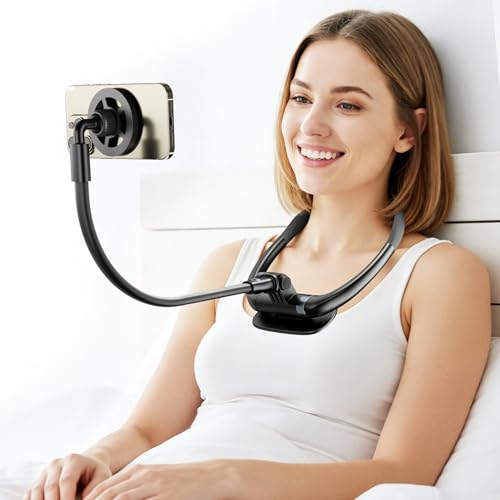 LenTok Magnetic Neck Phone Holder for Reading in Bed, One-Hand Operation Comfortable Lazy Cell Phone Mount for iPhone, Around Neck for Video Recording Watch Movies - color: Black