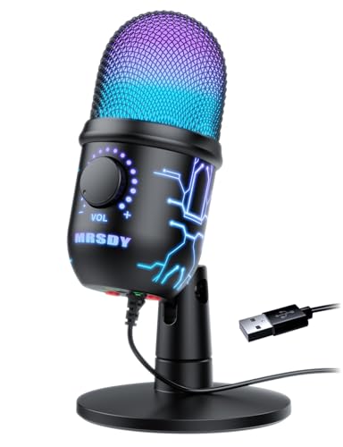 MRSDY USB Gaming Microphone for PC with Noise Reduction, Mute, Gain, RGB | Condenser Mic, Headphone Jack, Suitable for PC, Computer, PS4, PS5, Mac, Streaming, Podcasting, Recording, YouTube, Discord