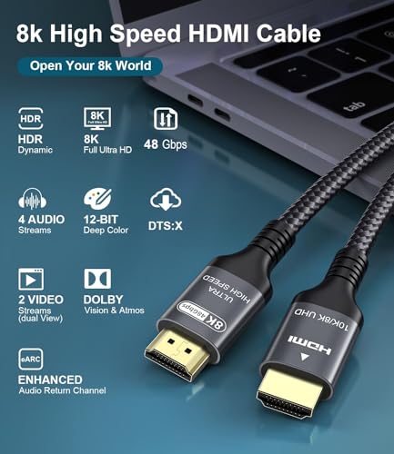 Certified 10K 8K 4K HDMI 2.1 Cable 5FT, 48Gbps Ultra High Speed HDMI® Cord | Ethernet CEC 4K 240Hz 165Hz 144Hz 120Hz 8K 60Hz eARC Netflix HDCP2.3 HDR10+ PC Laptop RTX5090 TV Monitor Projector X-box PS5 - size: 5 ft