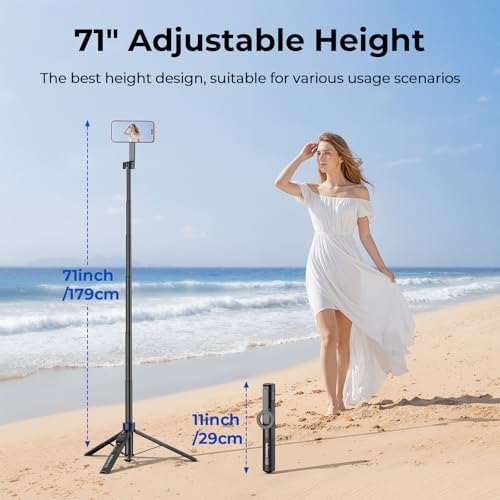 Kaitezenz Auto-Open Magnetic Selfie Stick Tripod for iPhone MagSafe, 71" Cell Phone Tirpod Stand with Metal Ring & Rechargeable Remote for Video Recording Vlogging Black