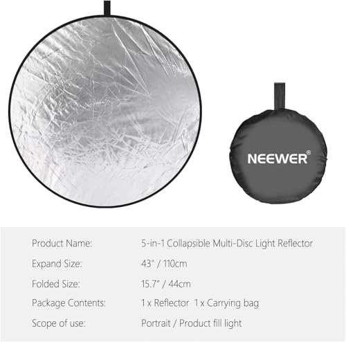 NEEWER 43 Inch/110 Centimeter Light Reflector Diffuser 5 in 1 Collapsible Multi Disc with Bag - Translucent, Silver, Gold, White, and Black for Studio Photography Lighting Outdoor - size: 110cm