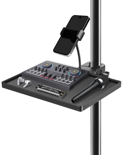 BILIONE Mic Stand Tray with Gooseneck Phone Holder, 10.6" X 7.8" Microphone Stand Tray Crab Clamp On Music Stand Floor Shelf Pole Mount, Karaoke Accessories - style: Tray with Phone Holder