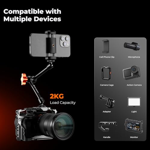 K&F CONCEPT 9.8" Magic Arm Clamp with Phone Holder, 360° Ball Heads Camera Arm Mount for Phone/LED Lights/Monitor/Flash/Microphone/DSLR Camera - style: 9.8" with phone holder