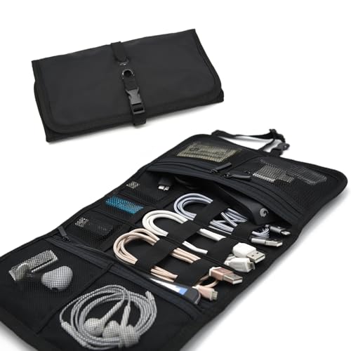Patu Roll Up Electronics Accessories Travel Gear Organizer Case, Black - Portable Universal External Batteries Hard Drives Cable Management Healthcare Cosmetics Kit Bag - color: Black