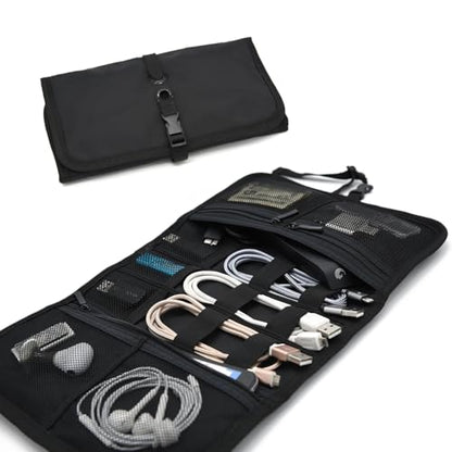 Patu Roll Up Electronics Accessories Travel Gear Organizer Case, Black - Portable Universal External Batteries Hard Drives Cable Management Healthcare Cosmetics Kit Bag - color: Black