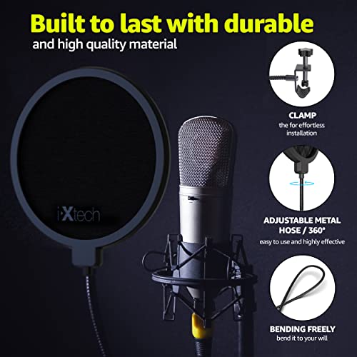 IXTECH Pop Filter for Mic Pop Filter for Blue Yeti Microphone Pop Filter Mic Pop Filter Dual Layered Sound Shield Guard Windscreen with a Flexible 360 Degree Gooseneck Clip Stabilizing.